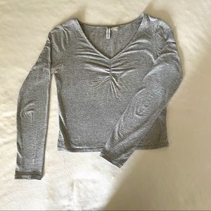 Gray, cinched v-neck, long sleeve shirt